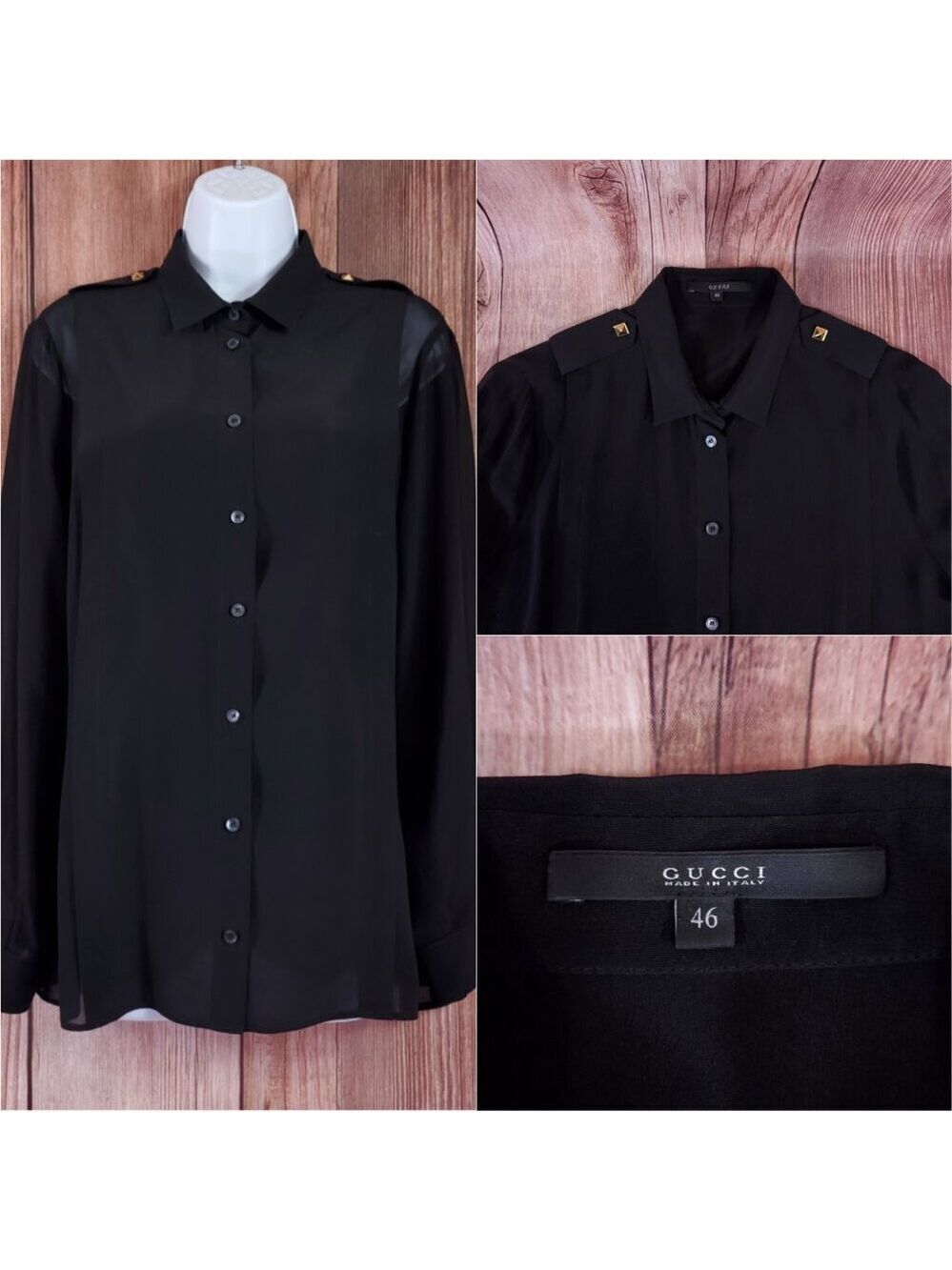 *READ* Gucci Black Sheer Blouse Shirt Studded Epaulets Long Sleeve Button Up